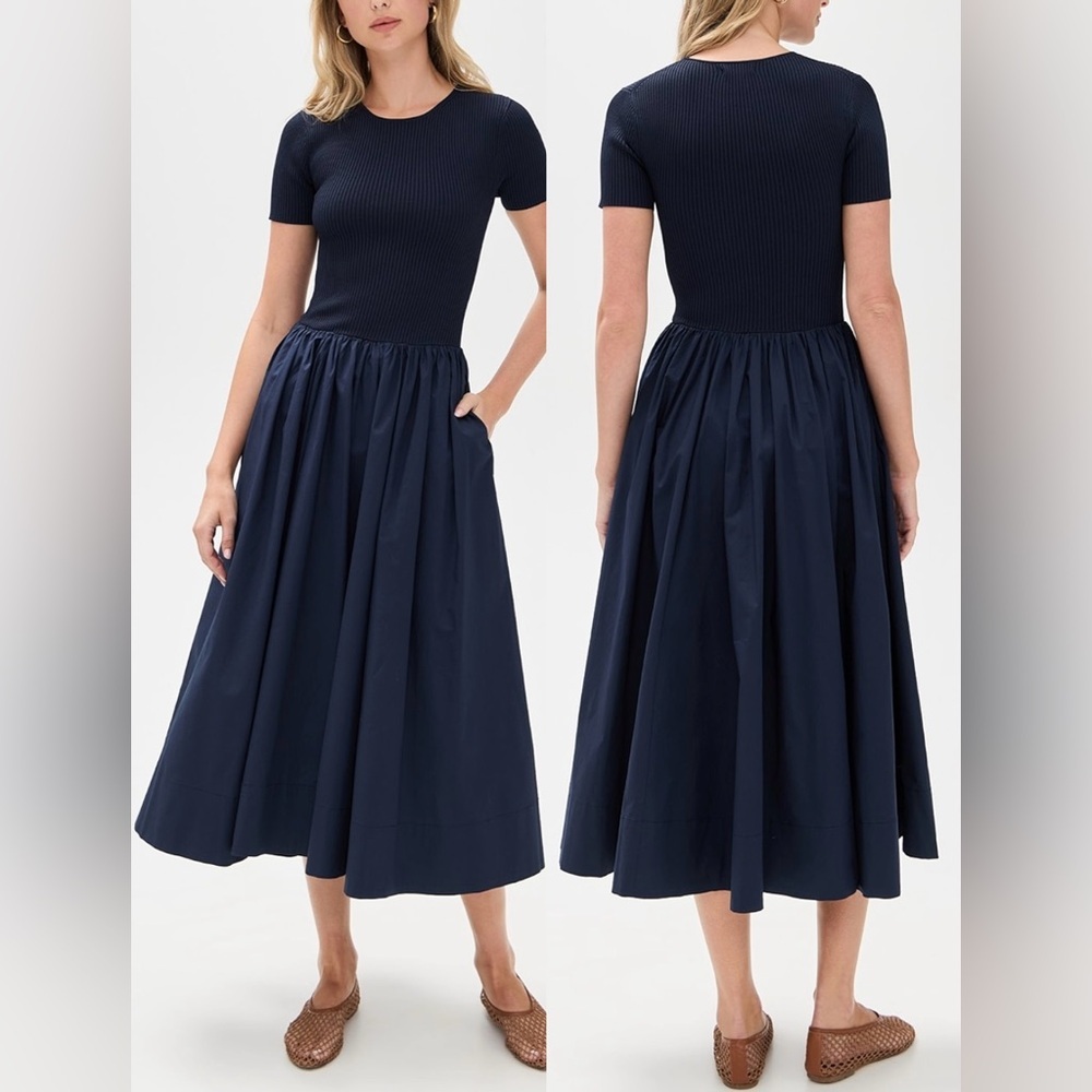STAUD Navy Short-Sleeve Ribbed Bodice Midi Dress